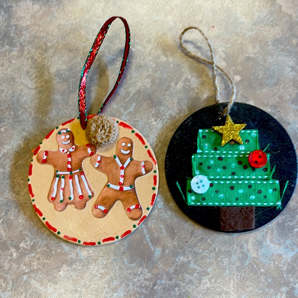Set of Handmade wooden Christmas ornaments ginger bread and Christmas tree